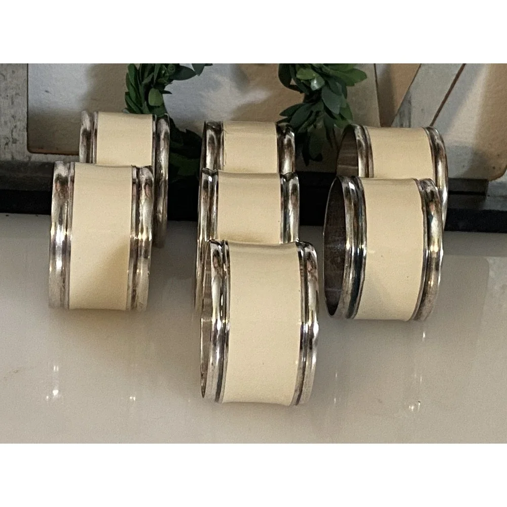 Vintage Set Of‎ 7 Silver Plated And Beige Enamel Napkin Rings Great Quality MCM